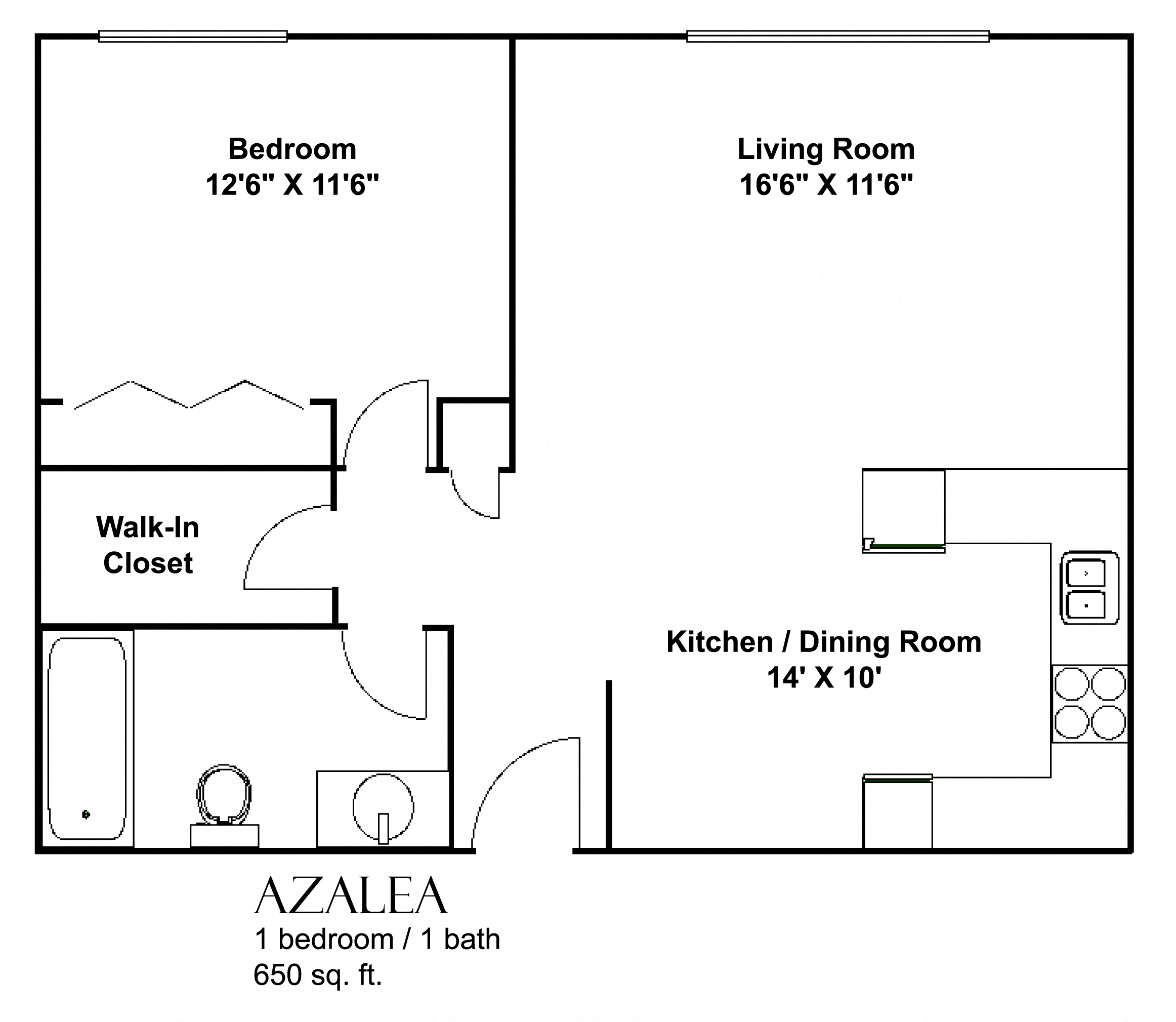 Floor plan for 1 bed, 1 bath, 650 sqft